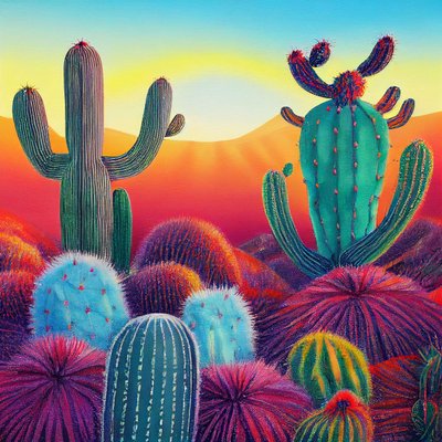 Una pintura vibrante: Puesta de sol en las mesetas de cactus, Wall Art | Impresiones en lienzo de F. Abderrahim