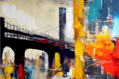 Pintura sobre lienzo Puente abstracto, Color azul y naranja, impresión bajo demanda de F. Abderrahim