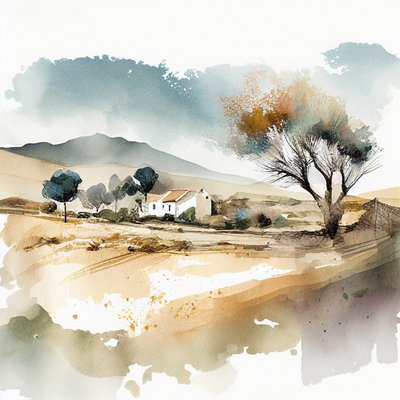 Paisaje abstracto acuarela sur de España, Marco de pared | Impresiones en lienzo de F. Abderrahim