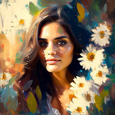 Retrato de mujer mexicana y girasoles, Arte digital abstracto imprimible de F. Abderrahim