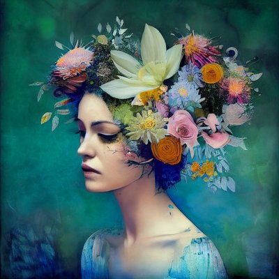 Hermosa mujer con flores, Pintura abstracta, pared Impresión de arte bajo demanda de F. Abderrahim