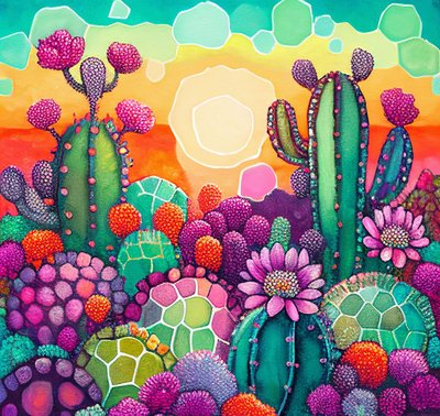 Desert Bloom: colorido cuadro abstracto de una puesta de sol sobre mesetas de cactus de F. Abderrahim