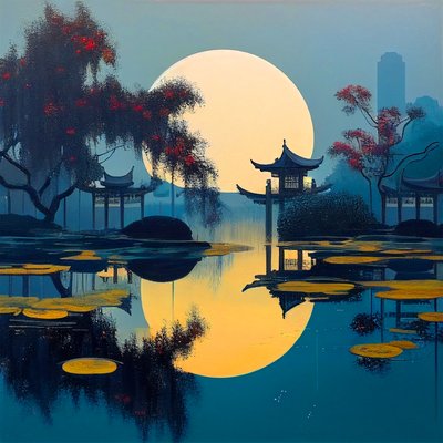 Paisaje japonés y pintura exterior de la casa tradicional, Wall Art | Impresiones en lienzo de F. Abderrahim
