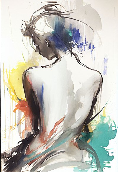 Dibujo en acuarela que retrata a una mujer sentada de espaldas hacia de F. Abderrahim