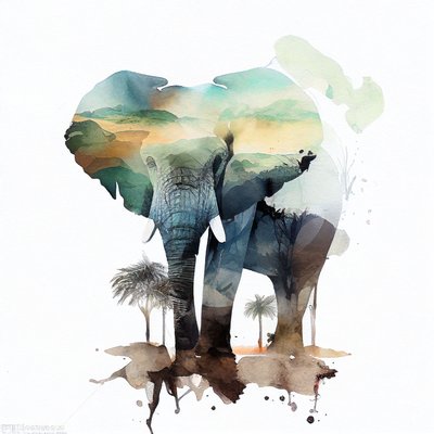 Pintura en acuarela sobre elefante y sabana africana, impresiones Artísticas de pared de F. Abderrahim