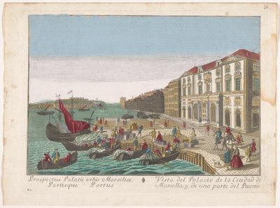 Gezicht op het Stadhuis en de haven te Marseille Vista del Palacio de la Ciudad de Marsella, y de una parte del puerto (title on object) de familie Remondini (attributed to)