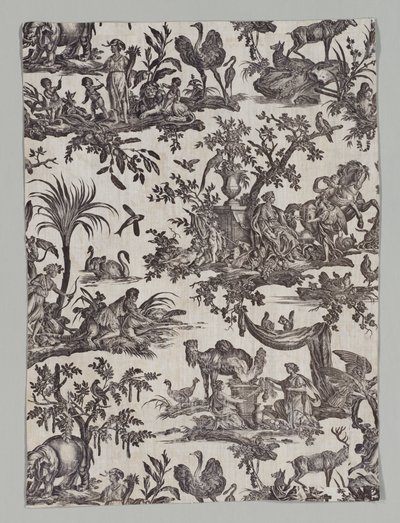 Fragmento de algodón impreso con diseño "Las cuatro partes del mundo" de firm of Christophe Philippe Oberkampf