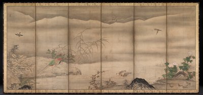 Aves y flores en un paisaje de las cuatro estaciones de follower of Sesshū Tōyō