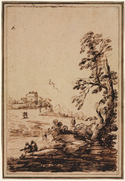 Paisaje con pequeño grupo de edificios de imitator of Guercino