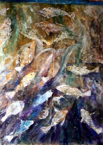 Fish Rising, 2018 (óleo sobre lienzo) de jocasta shakespeare