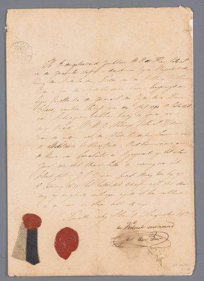Trozo de tela de la falda del uniforme de J.C.J. van Speyk con pruebas de descendencia adjuntas de jonkheer H. E. de Boer