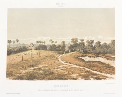 Vista de la sinagoga y el cementerio visto desde el Cordonpad Vistas desde las Indias Occidentales de los Países Bajos (título de la serie) de jonkheer Jacob Eduard van Heemskerck