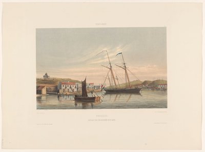 Puerto de Willemstad Curazao. Atracadero de buques de guerra en el puerto (título sobre el objeto) de jonkheer Jacob Eduard van Heemskerck