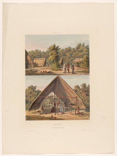 Campamento de Arowaks Surinam. Un campamento indio Arowakka (título sobre el objeto) de jonkheer Jacob Eduard van Heemskerck