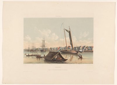 Costanera y rada en Paramaribo Surinam. Vista de Waterkant y Roadstead de Paramaribo (título sobre objeto) de jonkheer Jacob Eduard van Heemskerck