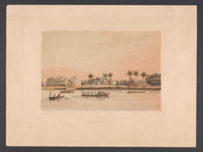 Frente al mar con la casa del gobernador en Paramaribo Surinam. Casa de gobierno y plaza en Paramaribo (título sobre objeto) West Indies (título de la serie sobre el objeto) Vistas desde las Indias Occidentales de los Países Bajos (título de la serie) de jonkheer Jacob Eduard van Heemskerck