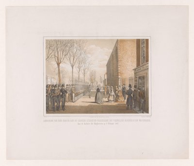 Presentación de una pancarta en la Koninklijke Leidsche Studenten Vereeniging Presentación de una pancarta a Leidsche Studenten-Vereeniging para el ejercicio voluntario en el comercio de armas por parte de las hijas de los profesores el 8 de febrero de 186 de jonkheer Victor Eugène Louis de Stuers