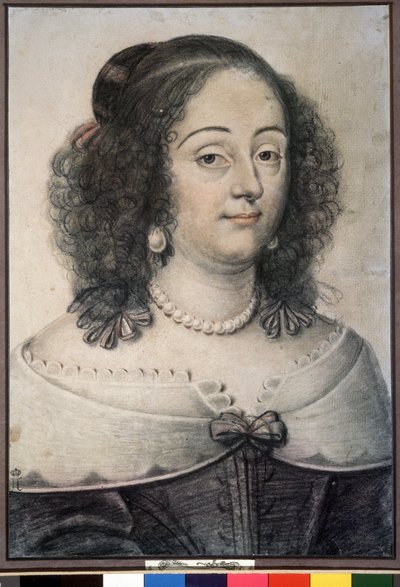 ""Retrato de una mujer"" Esta es probablemente la reina de Inglaterra Henriette Marie (1609-1669). Dibujo de tiza por Daniel Dumoustier (o Dumonstier) (1574-1646) 1640 Museo Pushkin, Moscú de or Dumoustier Daniel Dumonstier
