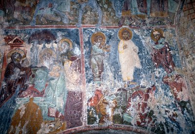Cristo y santos, fresco en la iglesia bizantina de Sotiras Christos, Vlithias, Creta, Grecia de Theodore Charles Ange Coquelin