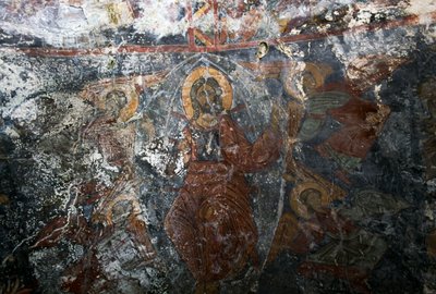 Cristo con ángeles y santo, fresco en la iglesia de Panagia, Kitiros, Creta, Grecia de Theodore Charles Ange Coquelin