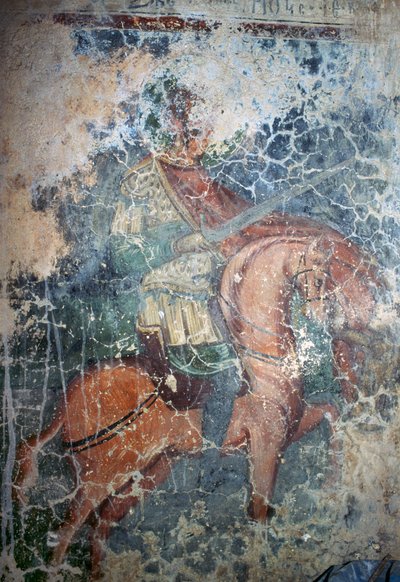 Hombre a caballo con espada, fresco en la iglesia bizantina de Agios Athanasios, Kefali, Creta, Grecia de Theodore Charles Ange Coquelin
