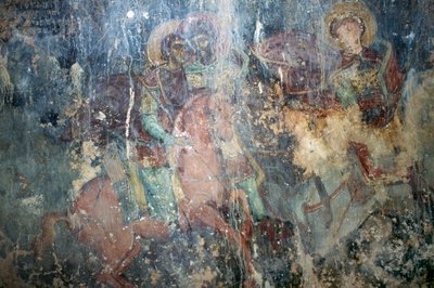 Santos a caballo, fresco en la iglesia bizantina de Agios Athanasios, Kefali, Creta, Grecia de Theodore Charles Ange Coquelin