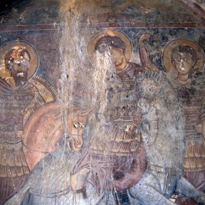 Santos a caballo, fresco en la iglesia en Kandanos, Creta, detalle de Theodore Charles Ange Coquelin