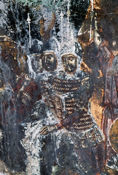 Soldado, fresco dañado en el techo de la iglesia de Agios Vasileios, Vavouledo, Creta, Grecia de Theodore Charles Ange Coquelin
