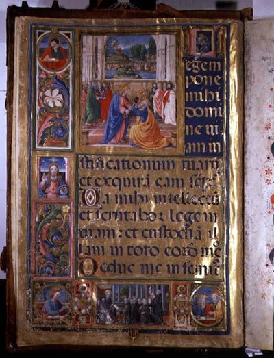 Página que representa a Cristo entregando las llaves a San Pedro, de un salterio escrito por Don Appiano de la Iglesia de la Badia Fiorentina, Florencia de or di Giovanni Monte del Fora