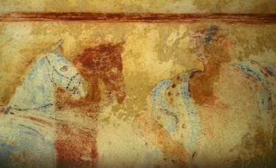 Procesión funeraria con caballos y figuras masculinas, fresco, (detalle), Tumba de los Demonios Azules, Necrópolis de Tarquinia (Lista del Patrimonio Mundial de la UNESCO, 2004), Lacio, Italia. Civilización etrusca, siglo V a.C. de Unbekannt Unbekannt