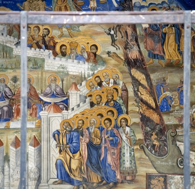 San Pedro abriendo las puertas del Cielo, fresco del Juicio Final en el Monasterio de Timios Prodromos, Serres, Macedonia Central, Grecia de Unbekannt Unbekannt