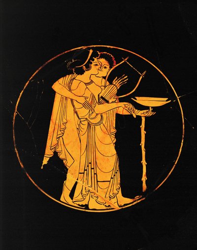 Amantes con copa y cythara ... de painter Pedieus