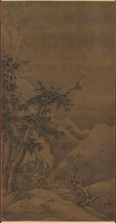 Pájaros en un Bosque en un Paisaje Invernal Montañoso de possibly by Gao Tao