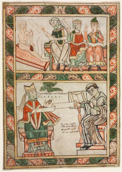 Página de Título de "Moralia" de San Gregorio: Job Visitado por Sus Tres Amigos (arriba) y Gregorio el Grande y Su Diácono Pedro (abajo) de probably by Abbot Frowin