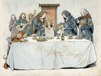 Una niña pequeña con una corona sentada en un trono en una mesa de banquete. Un gran escanciador le sirve una bebida, un gran panadero corta pan y un gran chambelán le ata una toalla alrededor del cuello. Trovadores y un enano la entretienen. Alegoría de l de pseudonym for Onfray de Breville Jacques Job