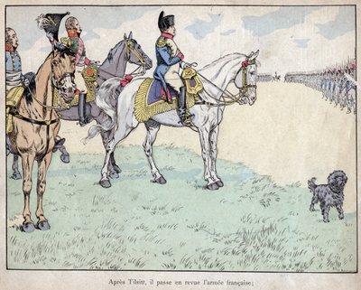 Después de Tilsit - Napoleón revisando el ejército francés después de firmar los Tratados de Tilsit, 7 de julio de 1807 - litografía de Job (Jacques Onfroy de Bréville) de 