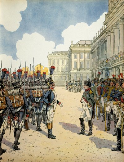 En Schoebrunn, Napoleón I Bonaparte (1769-1821) revisó las tropas antes de la Batalla de Wagram el 5 y 6 de julio de pseudonym for Onfray de Breville Jacques Job