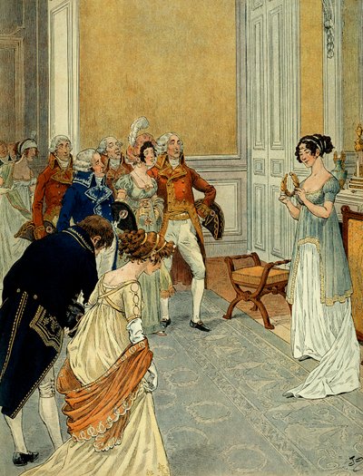 En las Tullerías, ministros, diplomáticos y consejeros de estado dejando a los cónsules que habían anunciado la victoria de Marengo (la primera campaña italiana (1796-1797) vinieron a felicitar a Josephine de Beauharnais (1763-1814); ella sostiene una co de pseudonym for Onfray de Breville Jacques Job