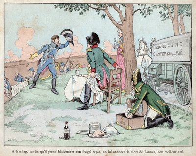 Batalla de Aspern Essling - Napoleón recibe noticias de la muerte del Mariscal Lannes 1809 - Batalla de Aspern-Essling - Napoleón recibe noticias de la muerte del Mariscal Lannes - litografía de Job (Jacques Onfroy de Breville) de “Le Grand Napoleon des Pe de pseudonym for Onfray de Breville Jacques Job