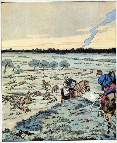 ¿Acorazados? ¡No hay más! Respuesta de un general a un oficial que pedía refuerzos en la Batalla de Reischoffen, conocida por su arduo deber en 1870. Ilustración de Job (Jacques Marie Gaston Onfray y Breville) (Jacques-Marie) (1858-1931) para el libro “Les de pseudonym for Onfray de Breville Jacques Job