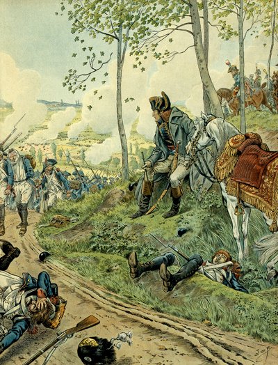 Campaña de Italia (1799-1800): Napoleón I Bonaparte (1769-1821) en la Batalla de Marengo el 14 de junio de 1800 en Piamonte (Italia), enfrentando a los ejércitos napoleónicos y austriacos. Ilustración de Jacques Marie Gaston Onfray de Breville dit JOB (185 de pseudonym for Onfray de Breville Jacques Job