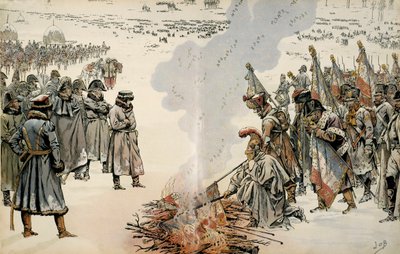 Campaña de Rusia (1812): Durante la retirada de Rusia, Napoleón I Bonaparte (1769-1821) ordenó quemar banderas y águilas para evitar que el enemigo las tomara. En "Napoleón" de Georges Montorgueil. Ilustración de Jacques Marie Gaston Onfray de pseudonym for Onfray de Breville Jacques Job