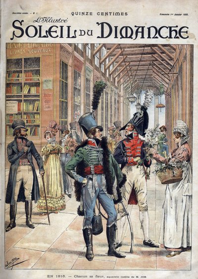Cada uno su propia flor. Un soldado compró flores a una vendedora en una galería cubierta en París en 1816. De una acuarela de Mr. Job. Grabado en 