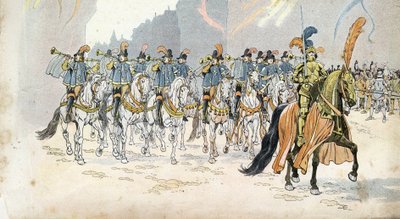 Entrada del Rey Carlos VI (1368-1422) en París acompañado de treinta trompetas. en 