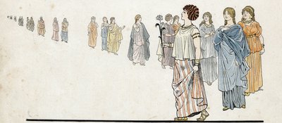 Mujeres de los “hombres libres” (ciudadanos libres) vistiendo sus vestidos abrochados en el hombro y pesadas joyas en los brazos. en “Francia, su historia contada por G. Montorgueil, ilustrada por Job” 1896. Colección privada. de pseudonym for Onfray de Breville Jacques Job