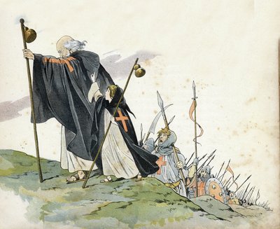 Primera Cruzada: Pedro el Ermitaño (1050-1115) lidera la Cruzada al grito de “¡Dios lo quiere!”. Lleva un abrigo, golpea con una cruz y sostiene un báculo de peregrino. Una niña que simboliza a Francia lo acompaña. en “Francia, su historia contada por G. M de pseudonym for Onfray de Breville Jacques Job