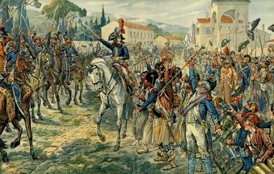 Primera campaña italiana (1796-1797): Napoleón I Bonaparte (1769-1821) revisó el ejército de Italia en Niza el 27 de marzo de 1796. Ilustración de Jacques Marie Gaston Onfray de Breville dit JOB (1858-1931). Colección privada de pseudonym for Onfray de Breville Jacques Job