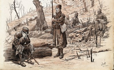 Primera Guerra Mundial 1914-1918: Soldado de infantería y Tiradores senegaleses del ejército francés. Ilustración de Job (Jacques Marie Gaston Onfray y Breville) para el libro "Les grands mots historiques du pays de France" 1915. Colección privada de pseudonym for Onfray de Breville Jacques Job
