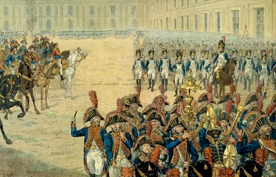 Primera revisión de la guardia consular en el patio de las Tullerías por Napoleón I Bonaparte (1769-1821). Después de la adopción de la Constitución en 1800, el gobierno dejó el Peer-Luxembourg para instalarse en las Tullerías. de pseudonym for Onfray de Breville Jacques Job