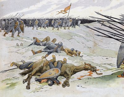 Guerra franco-inglesa (1202-1214): soldados muertos en la Batalla de Bouvines el 27/07/1214 que opuso al ejército francés de Felipe Augusto contra los flamencos y güelfos de Otón IV. en “Francia, su historia contada por G. Montorgueil, ilustrada por Job” 1 de pseudonym for Onfray de Breville Jacques Job